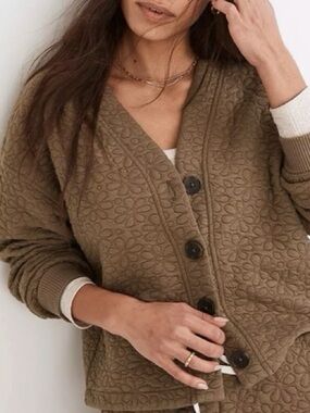 Madewell - Flower Puff Jacquard Crop Button Down Cardigan Sweatshirt Olive Green